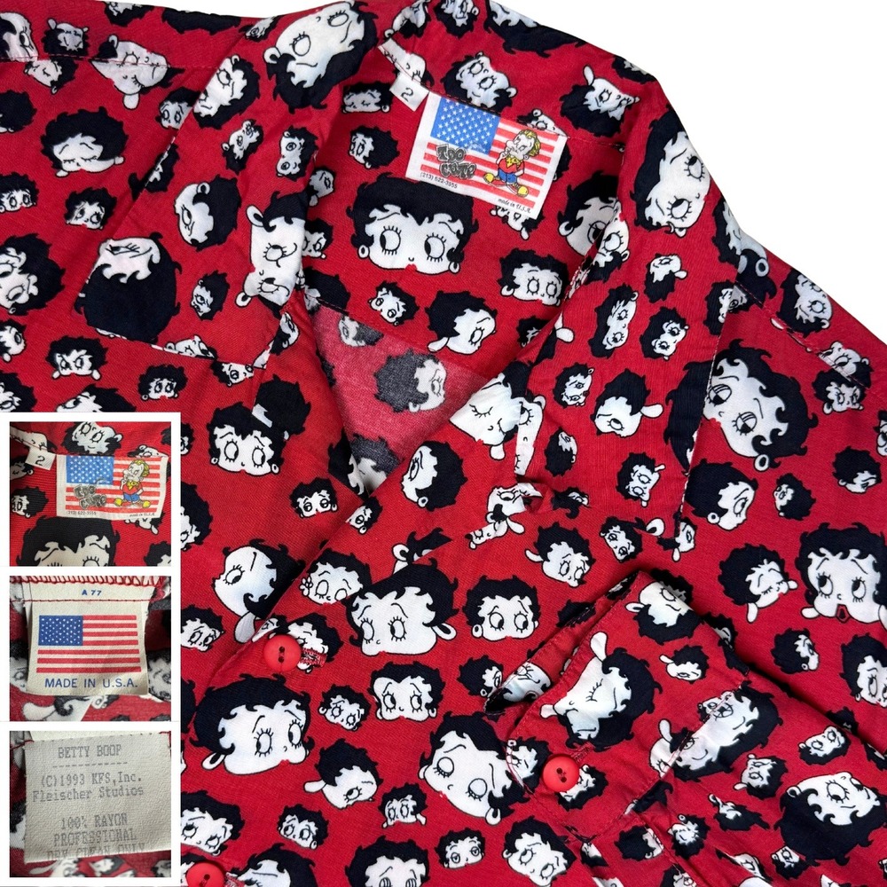 Vintage 1993 KFS Betty Boop Too Cute All Over Print Shirt Red Rayon USA Eclectic